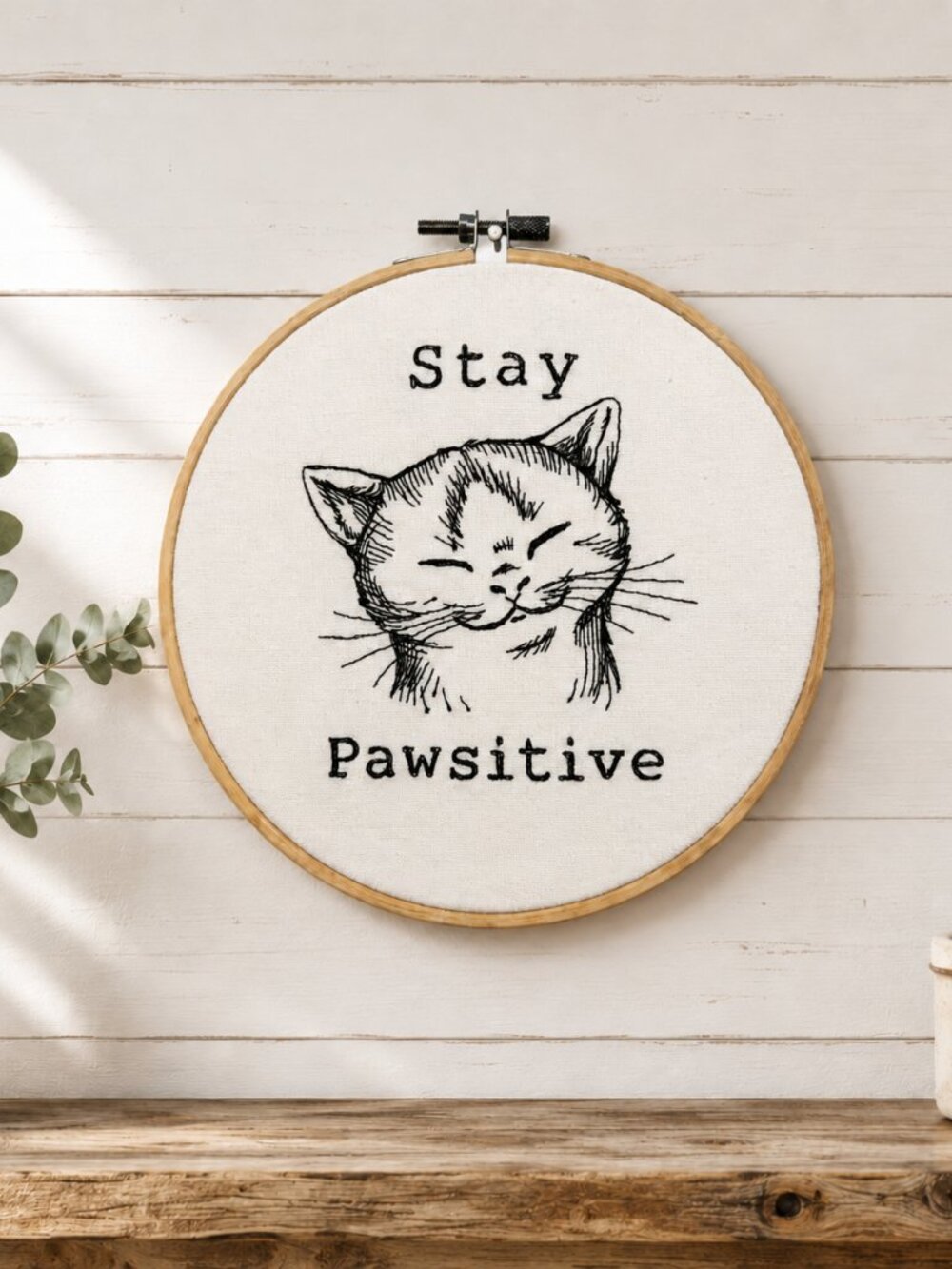 Stay Pawsitive Cat Embroidery Hoop Wall Art, 8 Inch Embroidery Decor